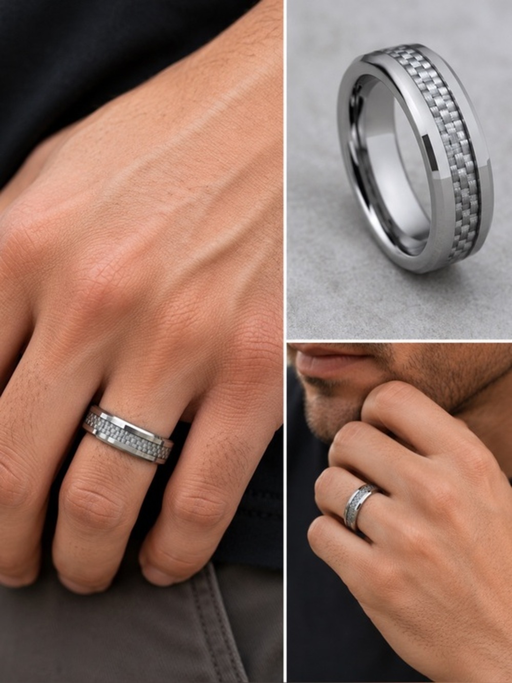 6mm Men Women Tungsten Ring Gray Carbon Fiber Inlay Wedding Band